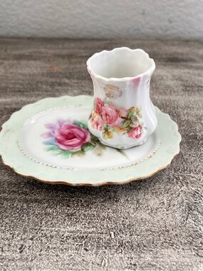 Vintage Porcelain Toothpick or Match Holder with Matching Plate Pink Rose